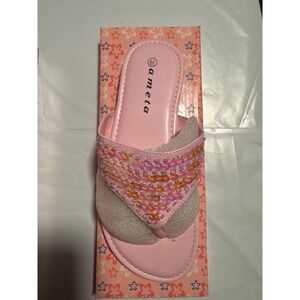 Pink Beaded Thong Sandals ameta Flower Design Slip On Slides Shoes 6.5